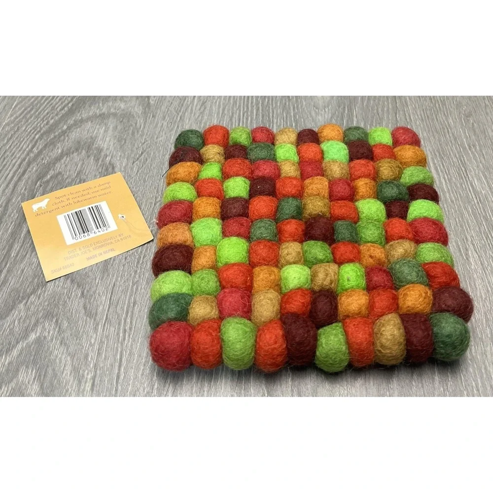 Trader Joe's Handcrafted Felted Wool Trivet Multicolor‎ Square Hot Pad Mat Decor